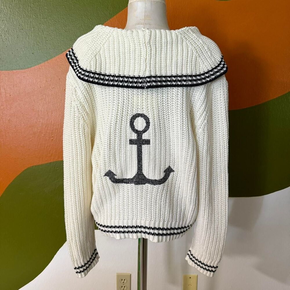 NWT Marled Coastal Sailor Collar Sweater Chunky Knit White Anchor Graphic Large